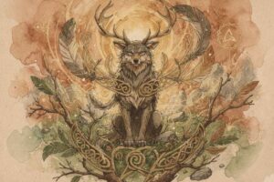 Representación artística de criaturas mitológicas celtas que actúan como guías espirituales en la tradición ancestral celta.