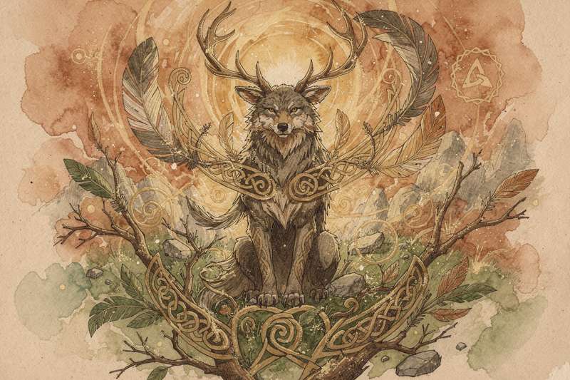 Representación artística de criaturas mitológicas celtas que actúan como guías espirituales en la tradición ancestral celta.