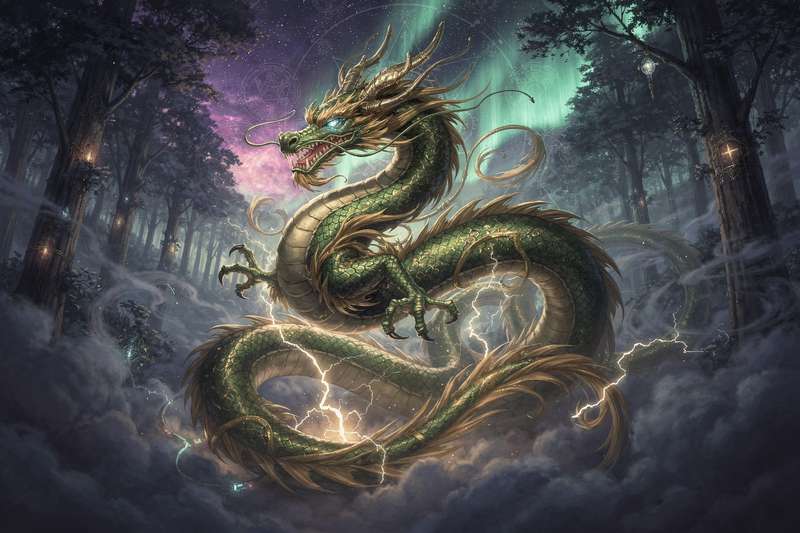Representación mística de un dragón oriental entre nubes con aura luminosa que simboliza poder y transformación espiritual.