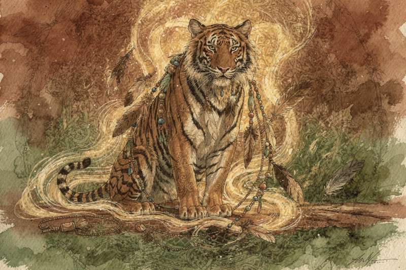 Tigre majestuoso con rayas negras intensas en la selva, representando poder y fuerza espiritual.