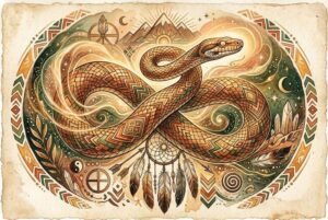 Serpiente enroscada en rama representando renacimiento y cambio espiritual profundo.