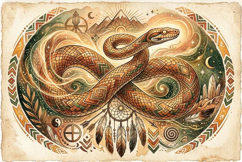 Serpiente enroscada en rama representando renacimiento y cambio espiritual profundo.