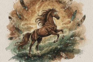 Caballo galopando libremente en un prado bajo la luz dorada del atardecer.