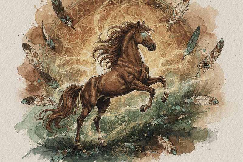 Caballo galopando libremente en un prado bajo la luz dorada del atardecer.