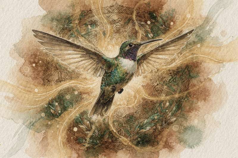Colibrí volando entre flores de colores vibrantes con las alas en movimiento rápido.