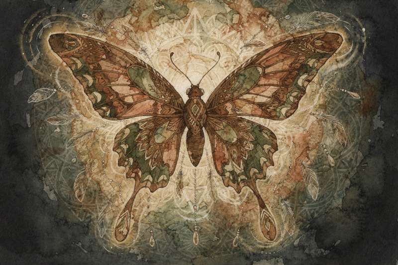 Mariposa revoloteando entre flores silvestres representando la transformación y el renacimiento espiritual.