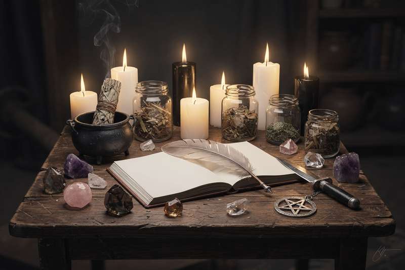Colección de piedras semipreciosas de diferentes colores dispuestas sobre un paño oscuro para trabajos de magia.