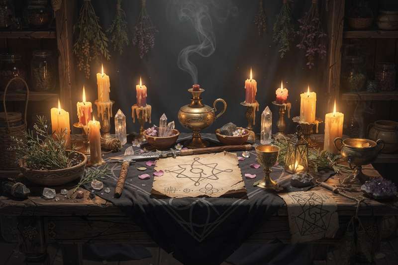 Grimorio abierto con páginas escritas a mano, velas encendidas y símbolos esotéricos alrededor, representando un Libro de las...