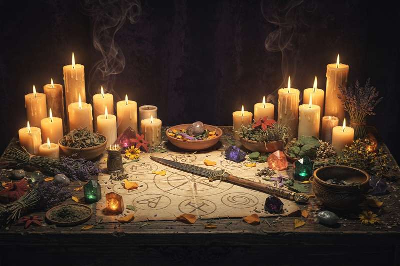 Elementos rituales y velas dispuestos en una superficie para crear un espacio de conexión espiritual y práctica mágica.