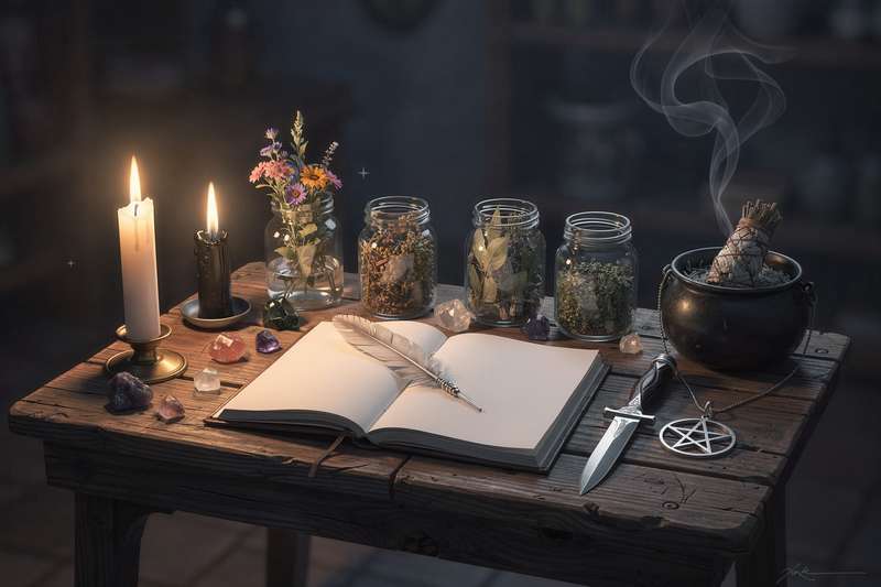Símbolos de los cuatro elementos mágicos dispuestos en círculo para la práctica de brujería elemental.
