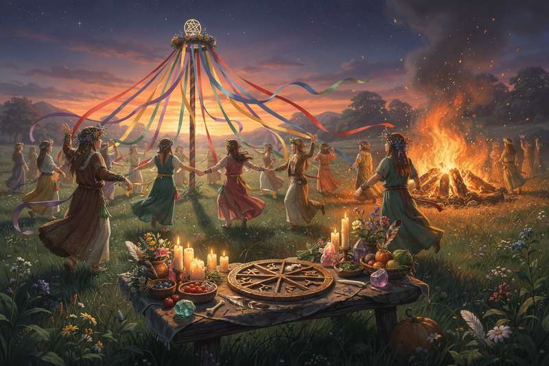 Hoguera encendida durante la celebración celta de Beltane con llamas que representan la magia y la renovación de la primavera.