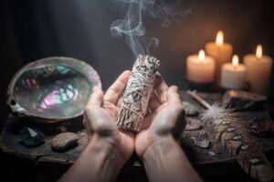 Velas encendidas y hierbas aromáticas flotando en agua durante una ceremonia de purificación espiritual.