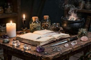 Ingredientes y herramientas básicas dispuestos sobre una mesa para realizar un primer hechizo de magia práctica.