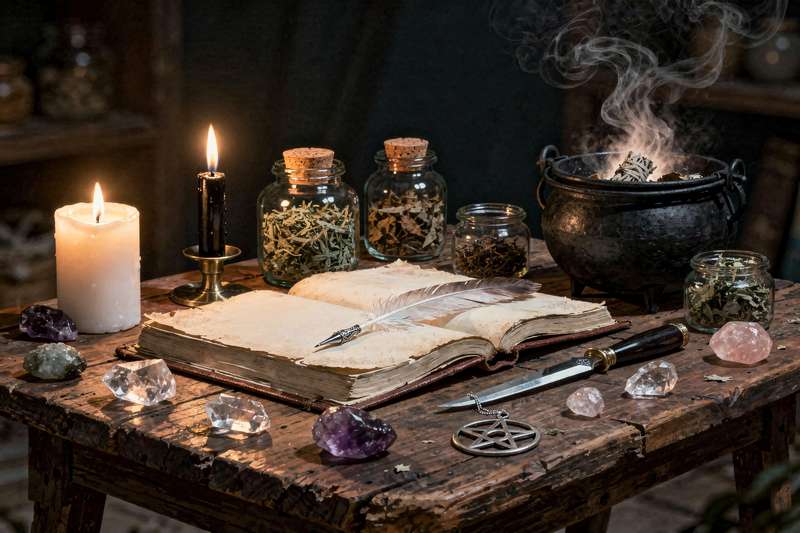 Ingredientes y herramientas básicas dispuestos sobre una mesa para realizar un primer hechizo de magia práctica.