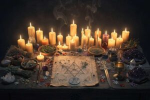 Cristal de cuarzo y velas encendidas dispuestas en círculo sobre un grimorio abierto para rituales de éxito profesional.