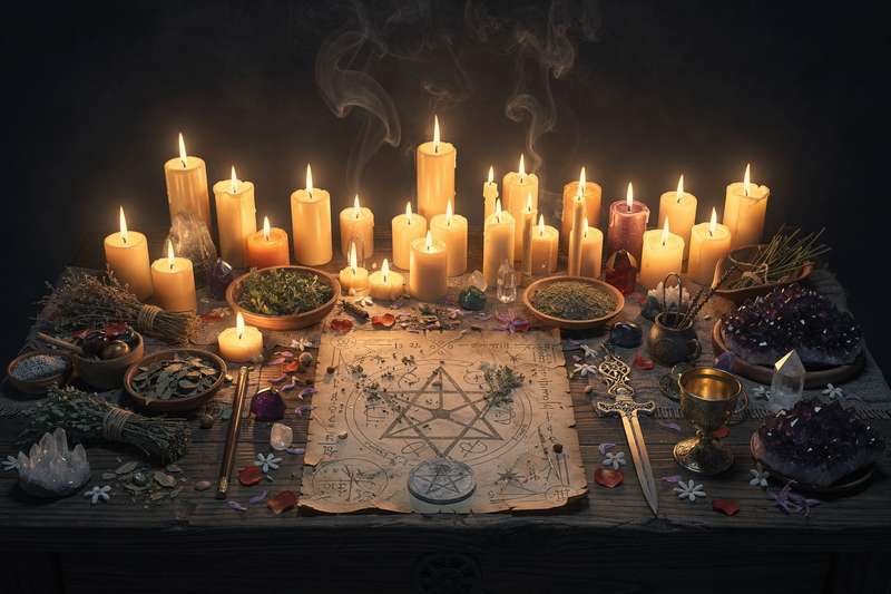 Cristal de cuarzo y velas encendidas dispuestas en círculo sobre un grimorio abierto para rituales de éxito profesional.