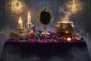 Recipiente de vidrio con agua clara bajo la luz lunar para cargar energía durante rituales de brujería.