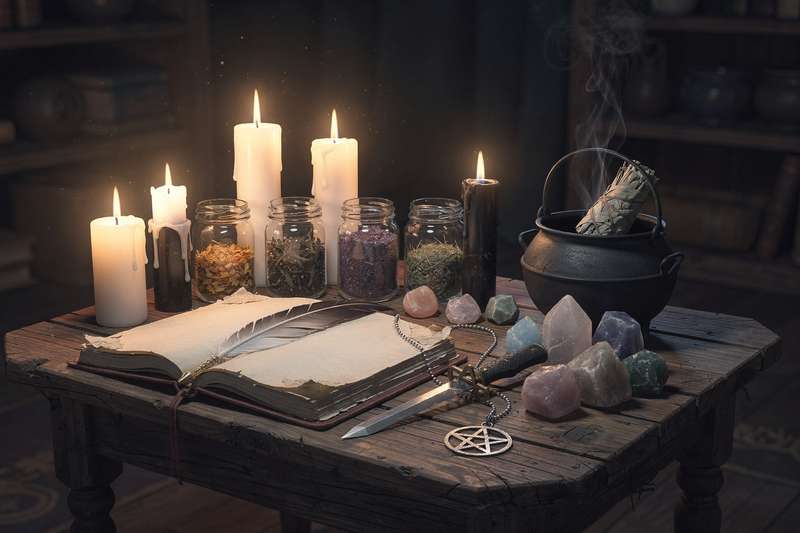 Mujer meditando bajo la luz de la luna entre velas y hierbas secas para conectar con su energía interior oscura.