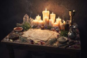 Círculo de sal y velas encendidas sobre un altar decorado con cristales y hierbas aromáticas para un ritual de protección...