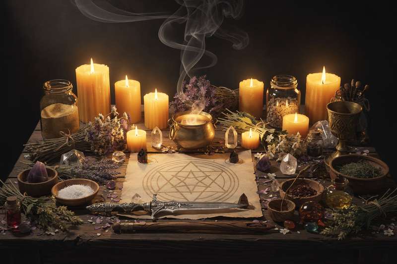 Ceremonia ritual con velas encendidas, monedas y hierbas sobre un altar para atraer riqueza y abundancia.