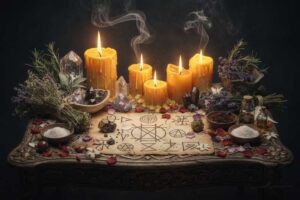 Velas encendidas dispuestas en círculo con hierbas aromáticas sobre un altar para rituales de atracción amorosa.
