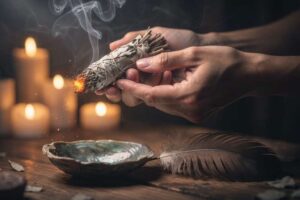 Ramas de salvia blanca atada con cordel sobre un altar con cristales y velas encendidas para rituales de limpieza energética.