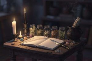 Libro abierto con símbolos wiccan, velas encendidas y hierbas rituales sobre un altar decorado para iniciarse en la práctica.