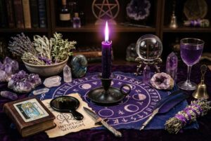 Vela de color púrpura encendida con llama brillante para rituales de magia y transformación espiritual.