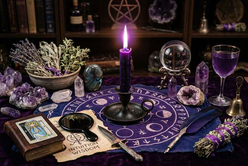 Vela de color púrpura encendida con llama brillante para rituales de magia y transformación espiritual.