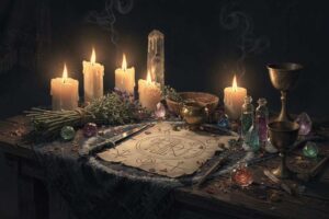 Vela púrpura encendida en ritual de magia para potenciar intuición y transformación espiritual.