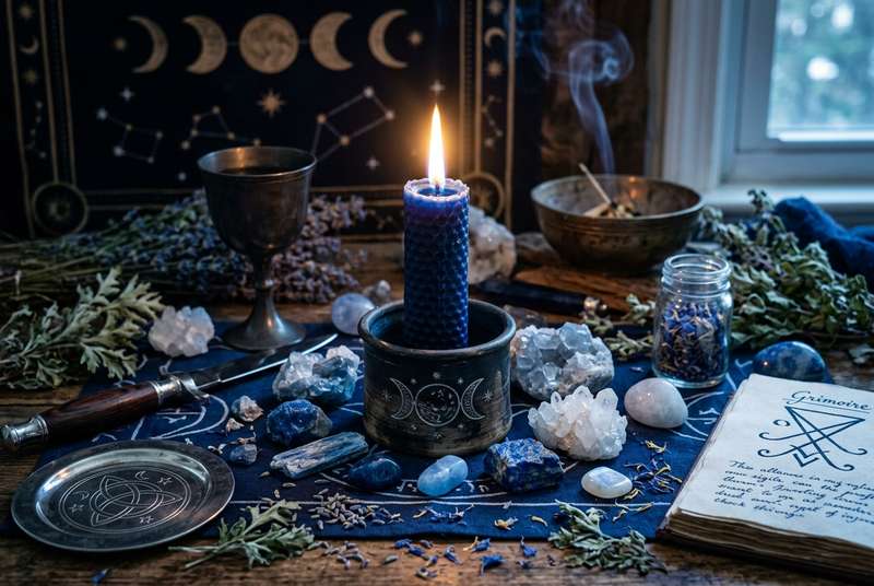 Vela azul encendida en un altar oscuro rodeada de cristales y hierbas secas para rituales de magia.