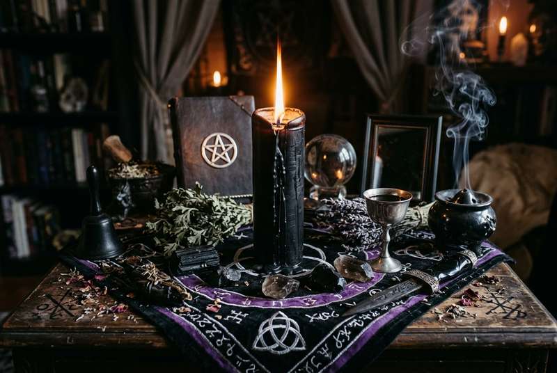 Vela negra encendida sobre un altar con elementos rituales para trabajos de protección y magia oscura.