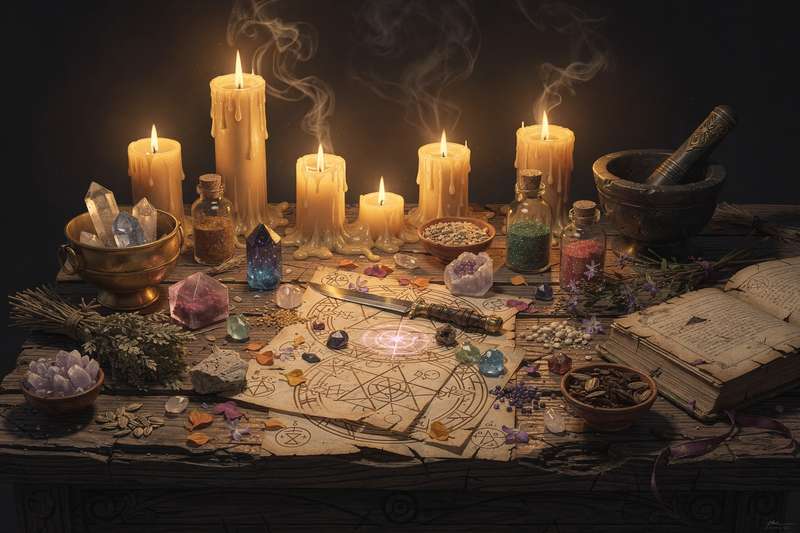 Vela negra encendida en la oscuridad con humo ascendente durante un ritual de magia.