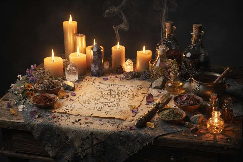 Vela blanca encendida sobre altar con cristales y hierbas secas para rituales de limpieza energética.