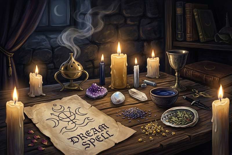 Ritual nocturno con velas encendidas, cristales dispuestos y hierbas aromáticas para potenciar la claridad mental durante el...