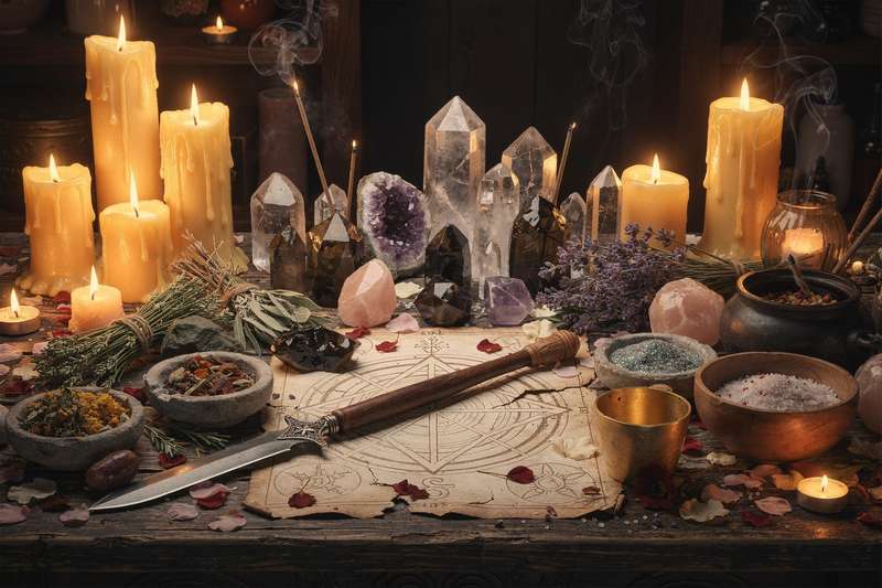 Vela encendida junto a cristales de amatista y hierbas secas sobre un altar para rituales nocturnos.