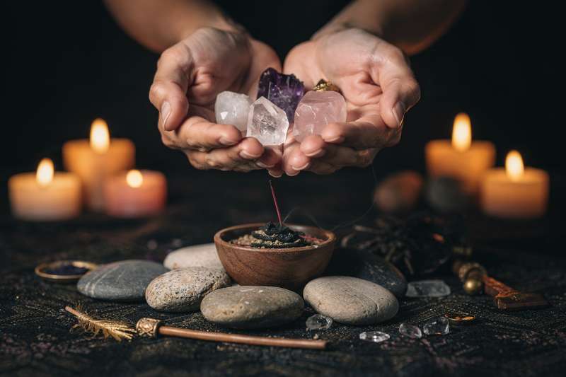 Cristales naturales de cuarzo y amatista sobre una superficie de madera para meditación y concentración mental.