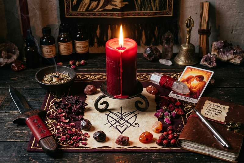 Vela roja encendida en un ritual de magia para potenciar intenciones de pasión y energía vital.