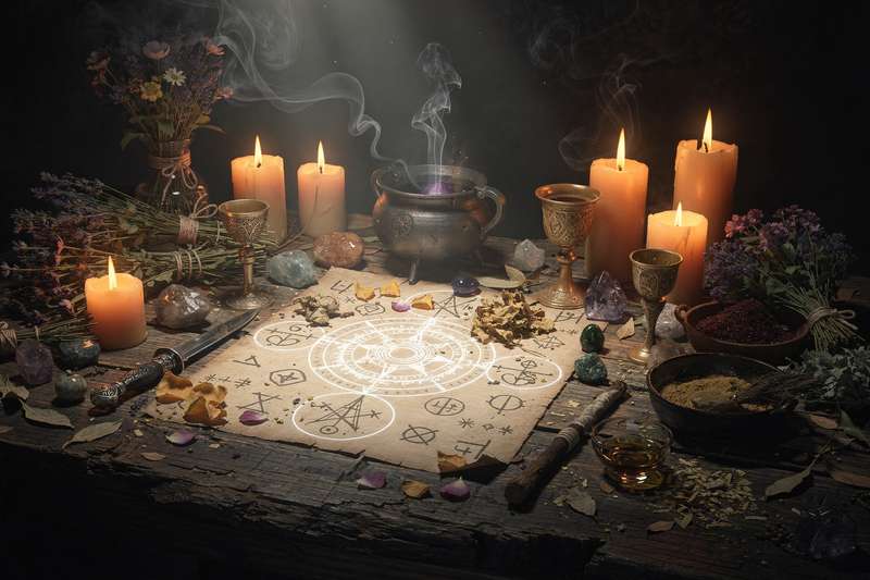 Vela roja encendida en ritualmente preparado altar para magia de pasión y protección.