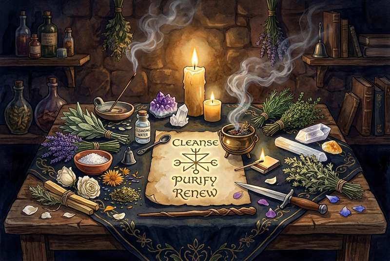 Elementos rituales dispuestos sobre una tela oscura para la práctica de magia de purificación y limpieza energética.