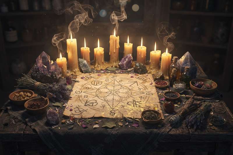 Altar con velas encendidas, cristales de cuarzo y hierbas aromáticas dispuestas para realizar un ritual de buena fortuna.