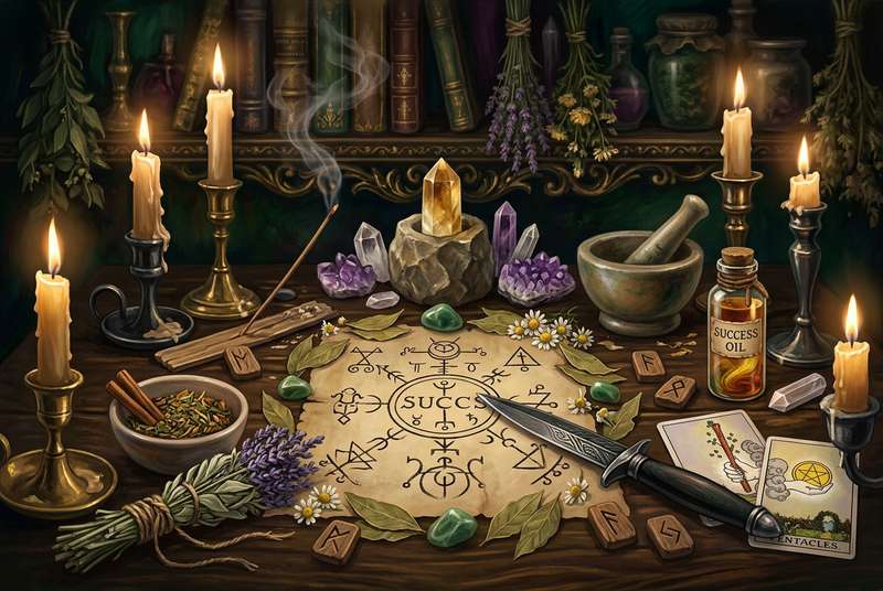 Ritual mágico preparado con velas, hierbas y cristales para atraer prosperidad y cumplir objetivos personales.