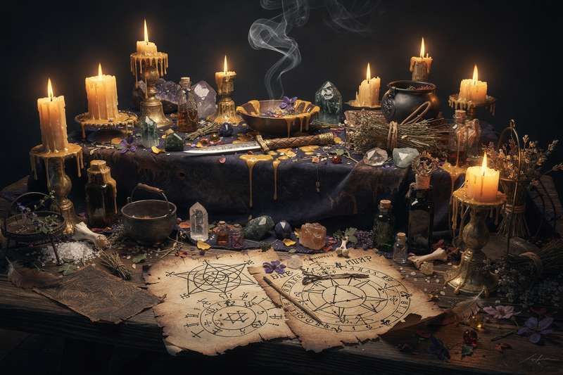 Velas encendidas, hierbas y cristales dispuestos en círculo para realizar un ritual de prosperidad y atracción de fortuna.
