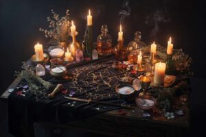 Círculo mágico dibujado en el suelo con velas encendidas y ingredientes rituales para un hechizo de protección.