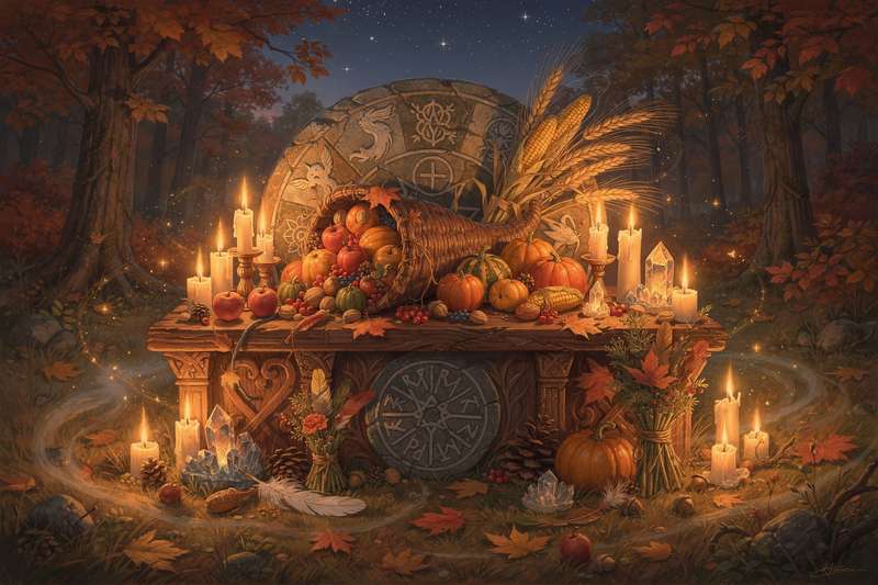 Altar decorado con velas, manzanas y hojas de otoño durante la celebración del Mabon en el equinoccio de otoño.