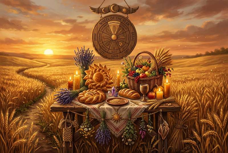 Altar decorado con espigas de trigo, velas doradas y frutas para celebrar la festividad de Lughnasadh.