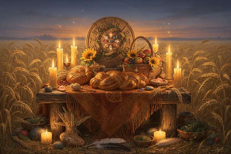 Altar ceremonial decorado con espigas de trigo dorado y velas para celebrar el sabbat de Lughnasadh.