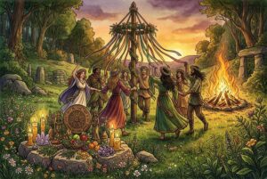 Hoguera ritual encendida durante las celebraciones de Beltane para honrar la fertilidad y la transición hacia el verano.