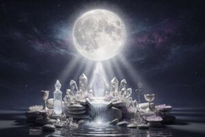 Cartas del tarot dispuestas en círculo bajo la influencia de la luna llena para una lectura astrológica personalizada por signo.