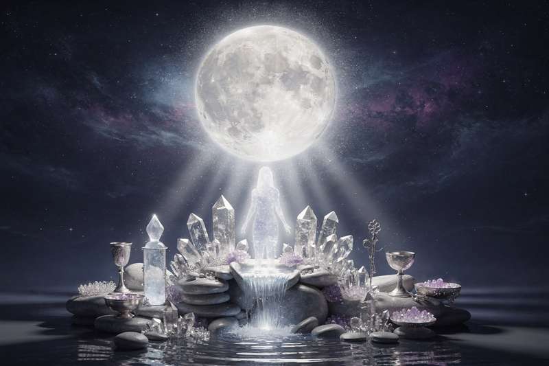 Cartas del tarot dispuestas en círculo bajo la influencia de la luna llena para una lectura astrológica personalizada por signo.